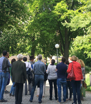 Eine Gruppe von Personen steht auf der Parkanlage auf der Neu-Ulmer Insel zusammen