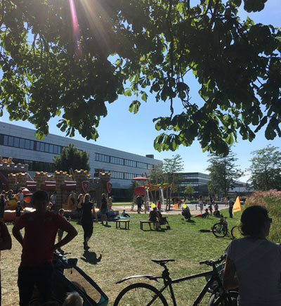 Blick aus dem Schatten eines Baumes auf einen Teil des Geländes des Sport- und Freizeitpark Wiley mit Sportständen und Besuchern