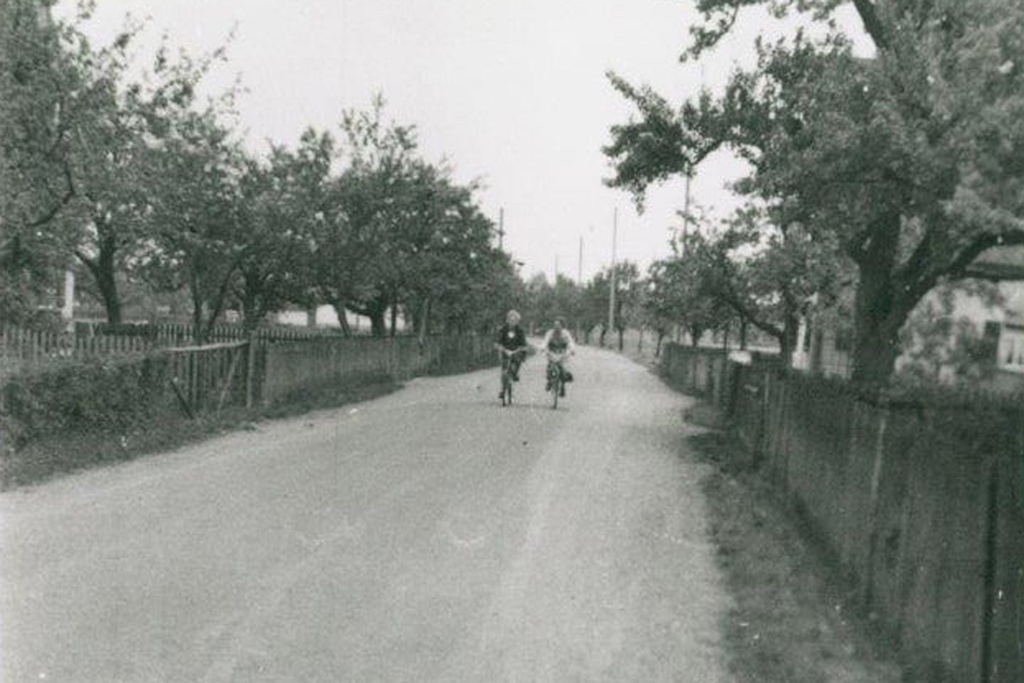 Schwarz-Weiß-Foto, in der Mitte zwei Radfahrer, rechts und links Gärten und Häuser