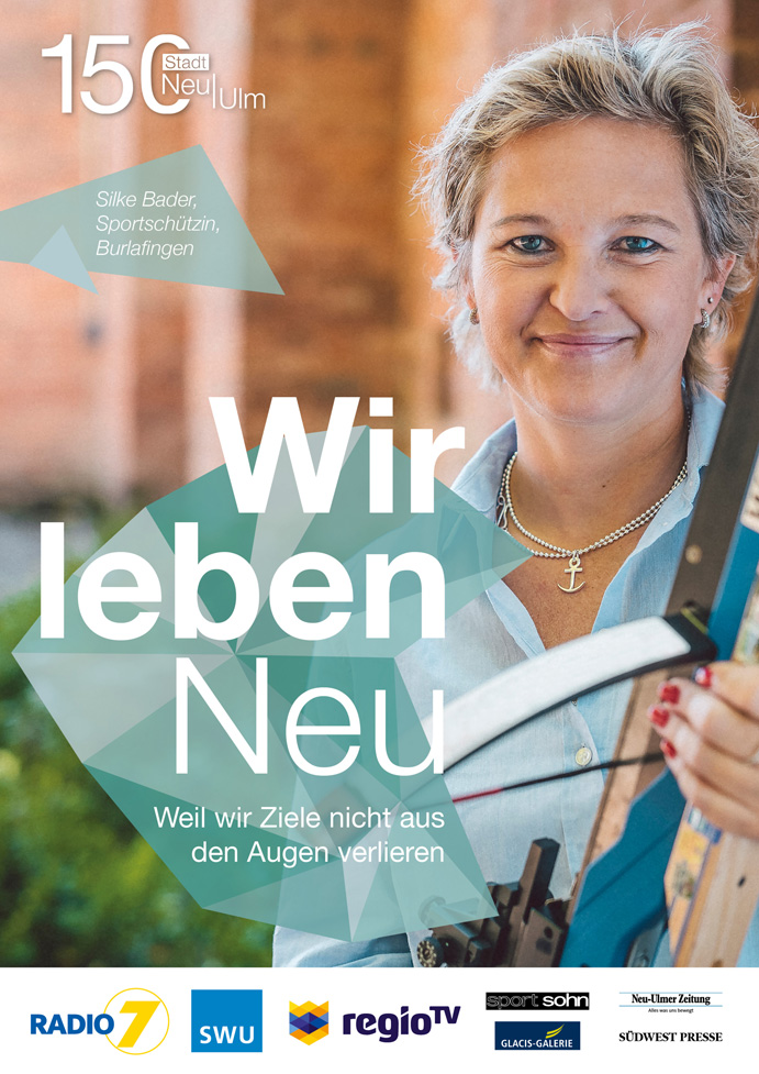 Kampagnenplakat mit Silke Bader, Sportschützin
