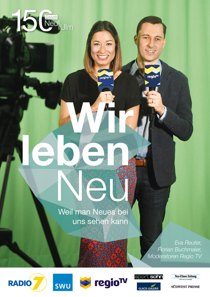 Kampagnenplakat mit Eva Reuter und Florian Buchmaier, Moderatoren Regio TV