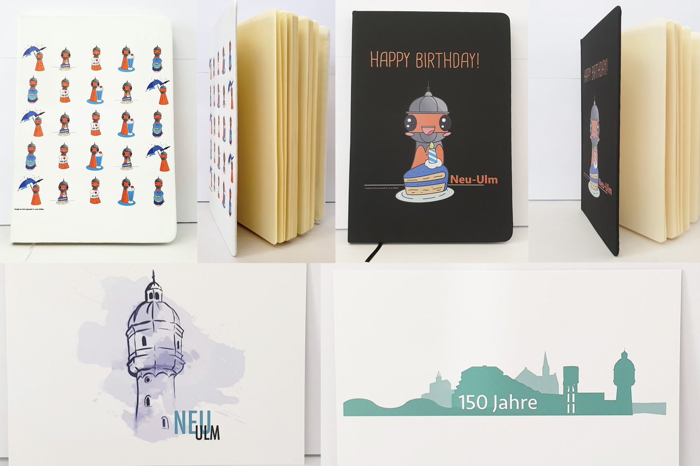 Werbemittel in Neu-Ulm-Design: Zwei Notizbücher und zwei Postkarten mit Neu-Ulm-Print