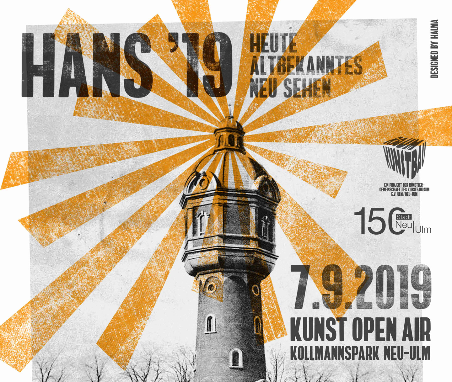 Banner mit Abbildung des Neu-Ulmer Wasserturms und dem Text "HANS '19 Heute Altbekanntes Neu sehen 7.9.2019 Kunst Open Air Kollmannspark"