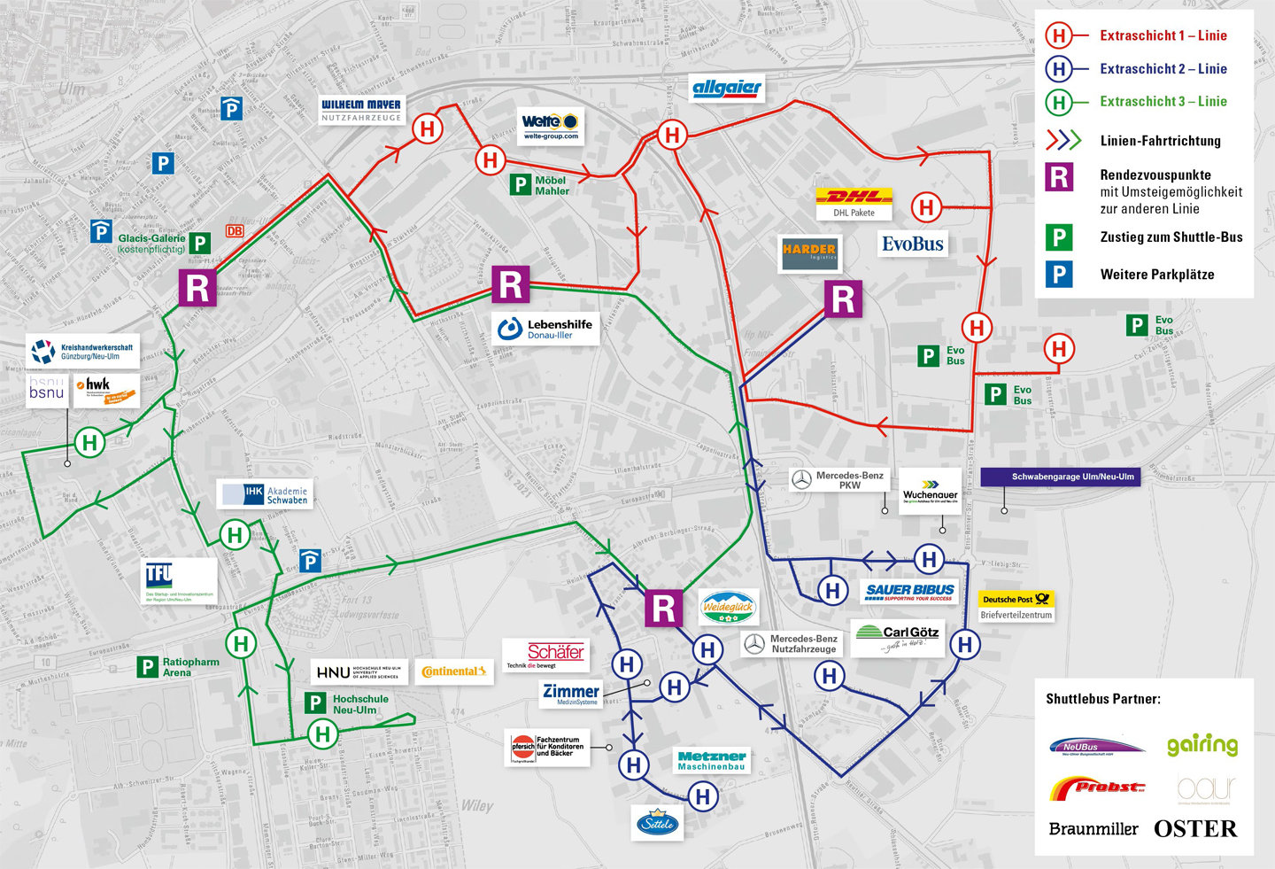 Übersichtsplan mit den Shuttlebus-Linien bei der "Extraschicht"