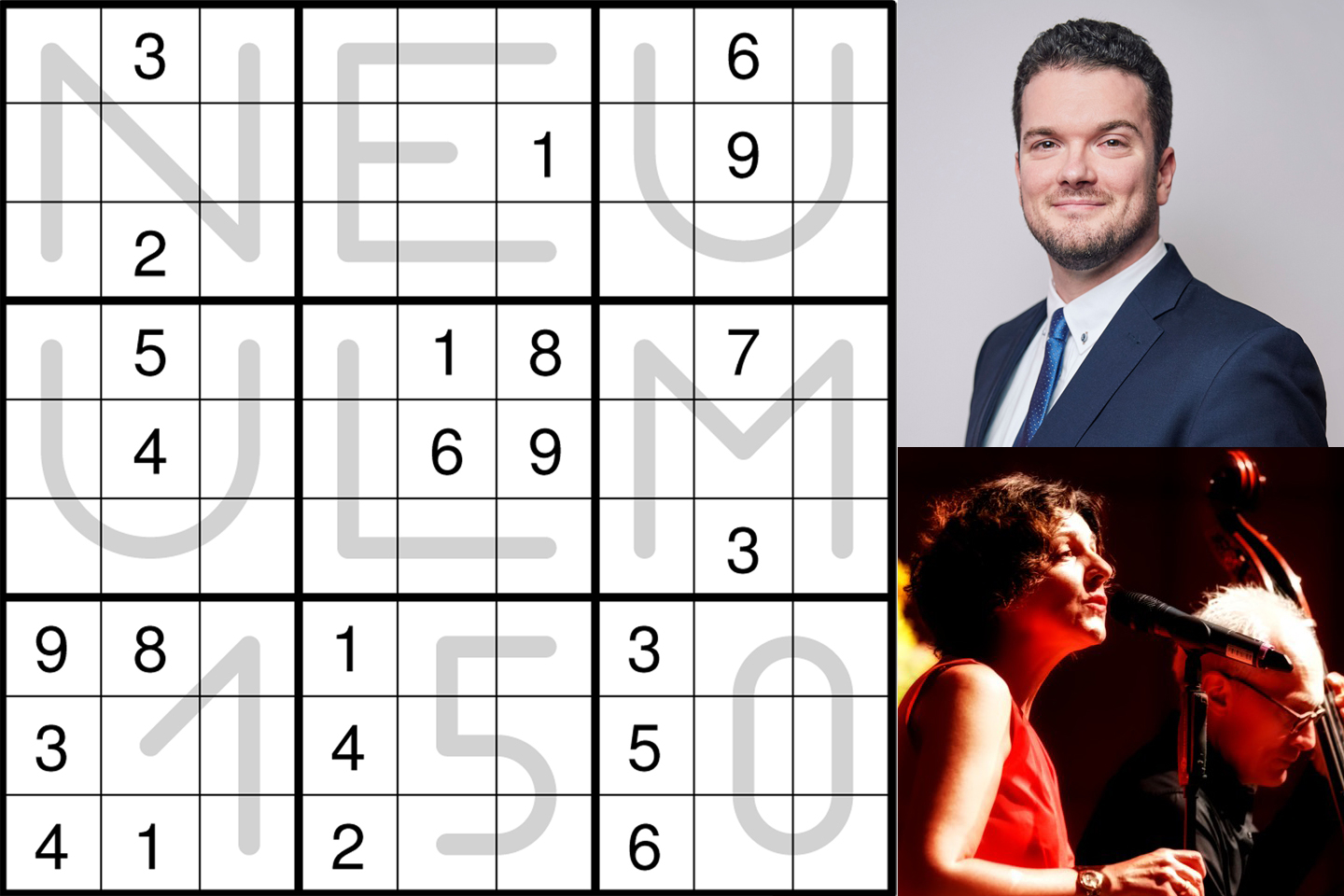 Banner mit Sudoku-Rätsel mit Schriftzug "Neu-Ulm 150", einem Foto des zweifachen Gedächtnisweltmeisters Simon Reinhard und der Band "Two or Company"